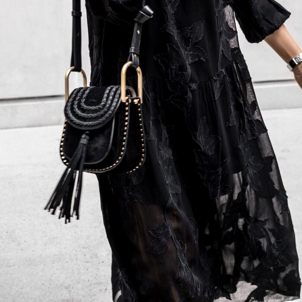 Aritzia WILFRED Dufour Black Sheer Leaf Jacquard Midi Peasant Dress, Size S - Picture 15 of 16